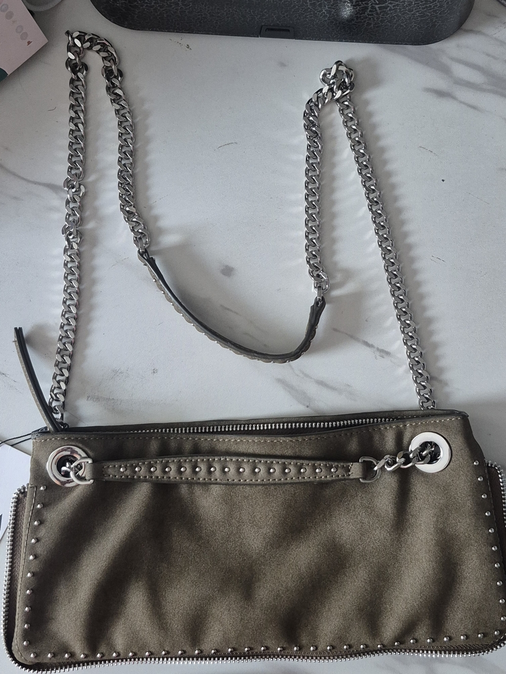 Stud-Trim Olive Crossbody Bag with Chain Strap